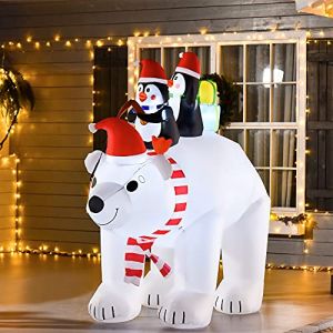 HOMCOM Ours Polaire Gonflable de No&euml;l avec Lumi&egrave;res LED 206cm D&eacute;coration Gonflable de No&euml;l Imperm&eacute;able avec 2 Pingouins (Aosom FR, neuf)