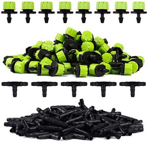 Kalolary 100pcs Vert Goutteur Irrigation R&eacute;glable + 100PcsTee Joint de Tuyau Syst&egrave;me D'arrosage Automatique Goutte &agrave; Goutte Micro Gicleurs Drippers pour Plante Serre DIY Jardin (FANGO, neuf)