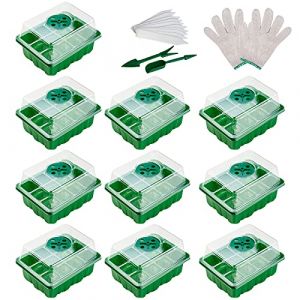 Fohil 10 Pièce Bac à Semis, Mini Serre pour Semis avec Couvercle Réglable et Ventilation, Plateau de Semis Idéal pour Germination Graines et Culture Plantes (12 Cellules par Plateau) (Fohil-UP, neuf)