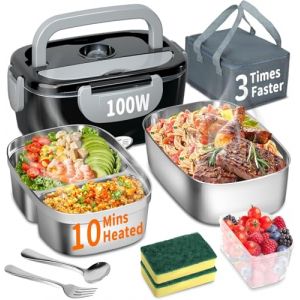 Boîte à déjeuner électrique 100 W, 3 en 1, portable, chauffante, en acier inoxydable, 12 V/24 V/220 V, pour voiture, camion, bureau, avec sac isotherme et éponge, gris noir, 1,5 l (Tibet Code, neuf)