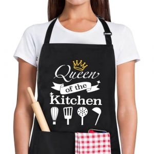 BTIYMU Tablier de Cuisine Femme Personnalis&eacute;, Noir Tablier Cuisine Humour Barbecue Professionnel Rigolo &Eacute;tanche R&eacute;glable Cadeau Drole Pro Maman Mamie avec Poches(Queen of the Kitchen) (yuchuwan, neuf)