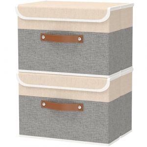 OUTBROS Boîte de Rangement, 45 x 30 x 30 cm Paniers de Rangement Pliables avec Couvercles et Poignées, Boîte Range pour Vêtement, Magazine pour, Chambre à Coucher (2 pièces, Gris/Beige) (OUTBROS-FR, neuf)