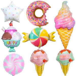 Ballons de Glace, 8 Pièces Ballons en Aluminium Crème Glacée, Ballons Bonbons Donut Géant, Candy Lollipop Foil Balloons, pour Garçon Fille Anniversaire Été Fête Décoration (JGEU, neuf)