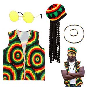 Saier tbo 5 Pièces Set Accessoires de Déguisement Rasta, Kit Costume Reggae Jamaïcaine avec Dreadlocks Perruque Gilet Tie-dye Lunettes Collier Bracelet Tressé pour Homme Femme Carnaval Cosplay Fête (Qi ShiPengDeshop, neuf)