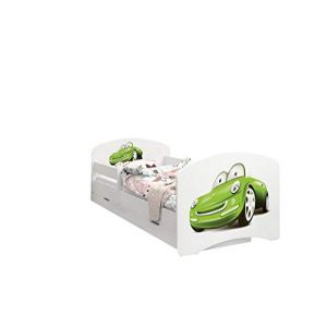 Happy Babies - LIT D'ENFANT DOUBLE FACE AVEC TIROIR Design moderne avec bords s&eacute;curis&eacute;s et matelas en mousse antichute 7 cm (Voiture Verte, 180x90) (EuroTrip, neuf)