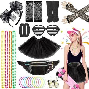 Déguisement Années 80 Femmes Filles Tutu,Sac Banane,Boucles D'oreilles,Gants en Résille,Collier,Lunettes,Bandeau,Jambières,Bracelet,Tenue Rétro Disco Costume Vêtement Fête Néon Tutu Fluo(Noir) (rongjia-ww, neuf)