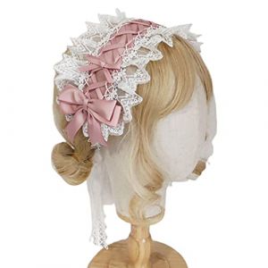 MISUVRSE Serre-t&ecirc;te en dentelle avec n&oelig;uds en ruban pour filles - Coiffe mignonne de soubrette - Accessoire de cosplay - Coiffe en dentelle &agrave; bord pliss&eacute; (KY-BORED, neuf)