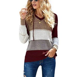 GOLDPKF Sweet Femme Capuche a Carreaux Printemps Mode col v marini&egrave;re Chic et Elegant l&eacute;ger Manche Longue Pull Hoodie Vin Rouge L (GOLDPKF, neuf)