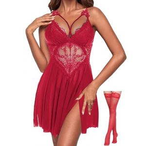 JFAN Lingerie Sexy Femme en Dentelle Nuisette Sexy Pyjama Col V Transparent Robe de Nuit avec Bas et String,Rouge,Taille Unique (JFan, neuf)
