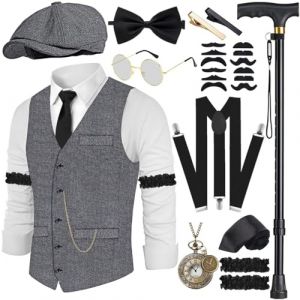 Costume Homme Ann&eacute;e 20 Gilet avec Accessoire Bretelles, B&eacute;quilles Montre De Poche Barbe B&eacute;Ret Lunettes Pince &agrave; Cravate 1920S Costume de Gangster Mafia pour Hommes, Cosplay de Carnaval d'Halloween (dafengyao, neuf)