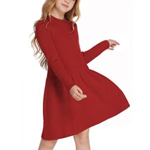 Arshiner Filles Pull Robe Automne Hiver &Agrave; Manches Longues en Tricot Flare Patineuse A-Ligne Couleur Unie De Base Enfants D&eacute;contract&eacute;e Rouge 140 (Arshiner Store, neuf)