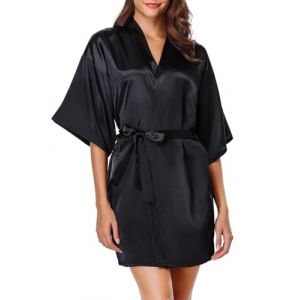 MIZSPISE Peignoir Satin Kimono Femme Court Kimono Robes de Chambre Sexy L&eacute;ger Peignoir Chemise de Nuit Satin Robe (FR/ES, Alpha/lettres, Taille unique, Taille normale, Taille normale, noir) (zhaoyunfei store, neuf)