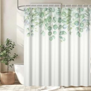Uiiooazy Rideau Douche Anti Moisissure, Rideau de Douche 240x180cm Vert Sauge Feuilles d'eucalyptus Rideaux de Baignoire Tissu Lavable Imperm&eacute;able Polyester Rideaux Salle de Bain avec 12 Crochets (dongguibinjingpinxiaodianpu, neuf)