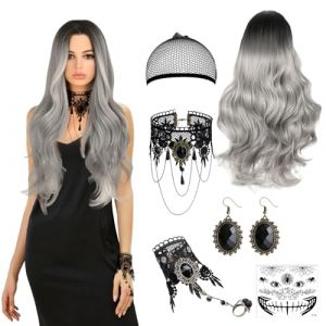 Perruque Halloween Femme, 70CM Perruque Grise Longues, Gothique Perruques Fris&eacute;e Grise Argent avec Filet &agrave; Cheveux et Accessoires en Dentelle pour Carnaval, F&ecirc;tes &agrave; Th&egrave;me, Mascarade, Cosplay(B) (Boalaya, neuf)
