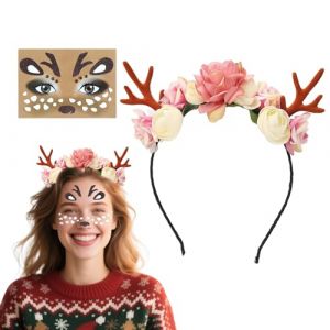 Zasvec Serre Tête de Renne Bandeau de Noël avec Tatouage Visage de Cerf Serre-tête de Renne de Cerf Oreilles de Cerf Serre Tete Cerf Autocollants Visage de Renne pour Festivals et Fêtes (Zasvec, neuf)