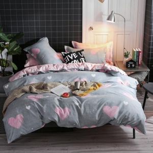 Freyamy Housse de Couette 200x200cm+2 Taie d'oreiller 65x65cm Coeur Imprimé Gris Rose Parure de lit 2 Personnes Adulte Motif du Cœur Sets de Housse Couette en Microfibre avec Fermeture Éclair (Mitchell'SZ, neuf)