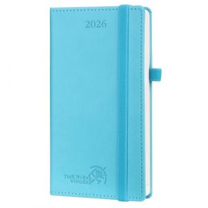 POPRUN Agenda de Poche 2026 Semainier 16,5 x 9 cm - Couverture Rigide en PU Cuir, Petit Planner D'Jan 2026 à Déc 2026-12 Mois, Avec signet à 2 rubans, Papier 80 g/m², Bleu vert (Time Works Wonders, neuf)
