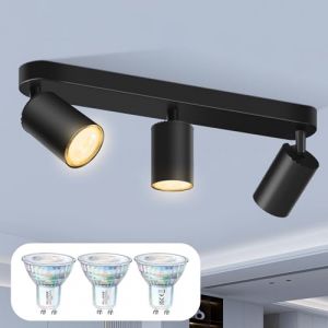 ALUSSO Projecteur LED Plafonnier 3 Spots, Projecteur Murale GU10 Amovible Pivotant &agrave; 350&deg;, 5W 2700K Noir Spotlight pour Salon, Chambre et Couloir incluant Ampoule GU10 (ALUX2019, neuf)