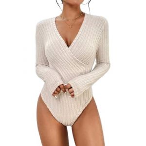 ticticlily Body Femme Manches Longues Body en Tricot Haut à Col en Roulé/Rond/V Combishort Tunique Top Sexy Chic Élégant Combinaison Leotard Knitted Bodysuit Jumpsuit C5 Abricot L (Flowers blossoming, neuf)