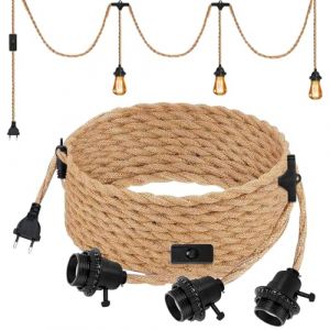 Douille E27 avec Câble 6.8m en Corde de Chanvre Tressée Vintage et Interrupteur, Suspension Douille E27 Corde pour DIY Lampe Suspension Cuisine Cave Loft Entrepôt, 3 Lampe Sans Ampoule (CEANNA, neuf)
