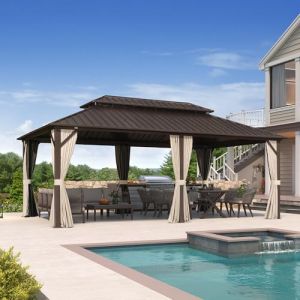 PURPLE LEAF Tonnelle de Jardin Exterieur en Aluminium 6 x 3,65 m, Pergola à Double Toit en Acier Galvanisé, Pavillon avec Moustiquaire et Rideaux pour Camping, Fête, Stockage, Bronze (PURPLE LEAF, neuf)