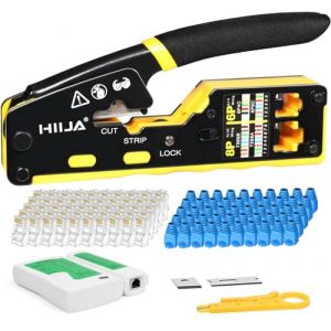 Hiija Pince a Sertir RJ45, Pince à Sertir pour Conectores RJ45/RJ11/RJ12, Kit RJ45 avec 50 x 8P8C Conectores Cat6, Testeur de Câble (CloudSharp, neuf)