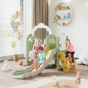 LIVLUX Toboggan Enfant 6 en 1 avec Balançoire, Panier de Basket, Télescope et Échelle d'escalade, pour Aire de Jeux Intérieure et Extérieure. (Vert A) (ZHANG RONGYUN STORE, neuf)