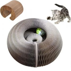 Kitty Spin Jouet Interactif pour Chat d&rsquo;Int&eacute;rieur, Royaume F&eacute;lin Jouet Interactif pour Chats, Griffoir Pliable en Carton Accord&eacute;on avec Balle, Tunnel Modulable (A) (Serria, neuf)