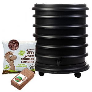 WORMbox | Lombricomposteur 4 Plateaux Noir + 500gr de vers de Compost + 1 Bloc Coco | 64 litres | Compostez Vos déchets organiques, Les vers de Terre/lombrics produisent du lombricompost (Ferme du Moutta, neuf)