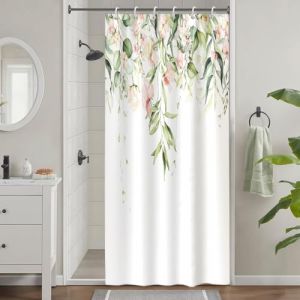 Uiiooazy Rideau Douche Anti Moisissure, Rideau Douche Étroit 90x180cm Vert Clair Feuilles d'eucalyptus Fleuri Rose Petit Rideaux de Baignoire Tissu Lavable Imperméable Rideaux de Bain avec 6 Crochets (dongguibinjingpinxiaodianpu, neuf)