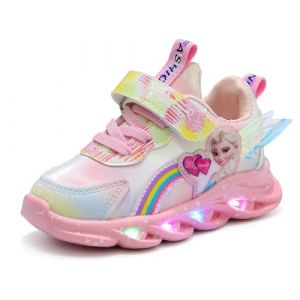 Chaussures lumineuses for enfants, chaussures ELSA for filles, sneakers clignotantes for kids avec lumière et fermeture MAGIC TAPE, baskets lumineuses antidérapantes roses violettes(Pink leather,25 EU (Emisünde, neuf)