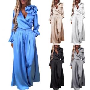 Costume deux pièces élégant en satin pour femme, col en V profond, haut à manches longues et pantalon habillé à jambe large, combinaison habillée avec poches, couleur unie, ensemble de tenues de (phugahg, neuf)