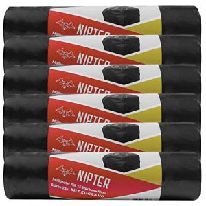 Nipter sac poubelle avec cordon de serrage 70l, sacs poubelle &eacute;cologique, 25 my, 64x72 cm, noir, 15 sacs poubelle par rouleau, 18 rouleaux (NipterDE, neuf)
