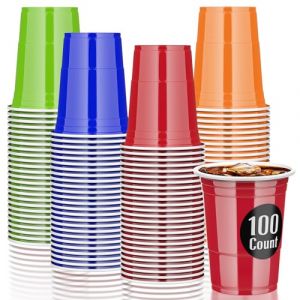 AOLUXLM 100 Pack Gobelets, Tasse &Agrave; Boire 25 Rouges + 25 Bleus + 25Verts + 25Orange 480 ML / 16 OZ + 10 Boules de Table Inclure E-Book, Tasse R&eacute;p&eacute;table No&euml;l Anniversaire Mariage (JIAN YUE, neuf)
