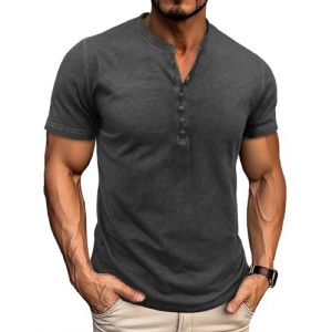 LAOARA Tee Shirt Homme T Shirt T-Shirts &agrave; Manches Courtes Homme Coton Henley Vintage Col Tunisien Boutons Et&eacute; Gris 2XL (Laoara Store, neuf)