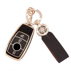 Koaudb Housse de clé de voiture pour Mercedes Benz A B C E G S SL CLS Class SLC CLA GLB GLC GLE GLS AMG 3 boutons Housse de clé intelligente en TPU avec porte-clés en cuir noir et or (C-BP-Bz-3L) (Koaudb, neuf)