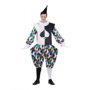 My Other Me D&eacute;guisement arlequin pour homme, taille M. Comprend un bonnet noir avec pompon bleu, un col blanc pliss&eacute;, une chemise bicolore avec symbole, des poignets fronc&eacute;s et un pantalon bomb&eacute; (LOLA home, neuf)