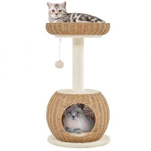 Abician Arbre a Chat Rotin en PE, Nihce pour Chat avec 2 Coussins Lavables/Griffoir/Panier/Anti-basculement, 40&Oslash;&times;75 cm H (Abician FR, neuf)