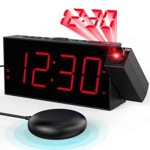Réveil Vibrant à Grand Affichage à LED pour Sourd et Gros Dormeur, Reveil Projecteur Plafond, Réveil Numérique pour Chambre, 180° Horloge Projecteur avec Charge USB, Variateur d'Intensité, 12/24 H (mesqool, neuf)