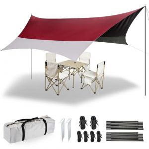 Forceatt Bâche Anti-Pluie 2 Poteaux, 3.7 X4.3m Camping Bâche Imperméable Anti-UV (upf50+), Randonnée, Camping (Rouge&Gris) (MaoLianXin, neuf)