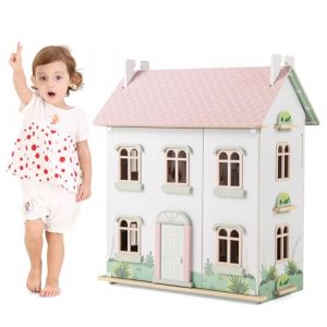 GOPLUS Maison de Poupée Enfant, Maison de Poupée en Bois à 3 Niveaux avec Mobilier, Accessoires, Toits Double-Face, Portes Ouvrantes, Échelles, Maison de Princesse pour Enfant 3+ Ans (Augenstern24, neuf)