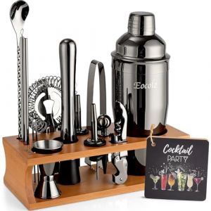 Eocolz Cocktail Shaker Kit, INOX Ensembles de Bar Cocktail Set, 17Pièces Cocktails Ensemble-Cadeau, Shaker à Cocktail Kit Barman avec Cadre en Bois (Marron Noir) (Eocolz EU, neuf)