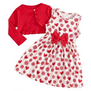 Pilipulu Ensemble Robe et Cardigan pour Fille sans Manches Robe &agrave; N&oelig;ud Taille Trap&egrave;ze Imprim&eacute; Papillons Fleuris Col Rond Manteau &agrave; Volants et Manches Longues C&oelig;ur Rouge 5 Ans (Pilipulu, neuf)