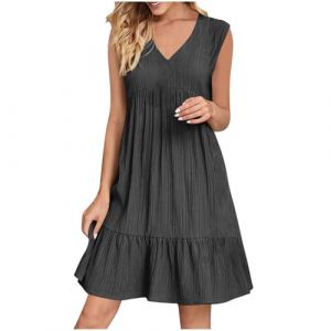HAOLEI Robe De Plage Femme Ete Col V san Manches Chic Elegant Boh&egrave;Me Tunique Robe Ample A-Line Mi-Longue Dress Grande Taille D&eacute;Contract&eacute;E Robes Unie Taille Haute Robes pour Soiree Mariage Ceremonie (HAOLEI  FR, neuf)