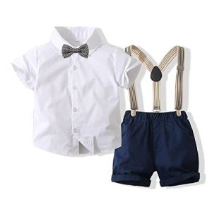 Volunboy B&eacute;b&eacute; Gar&ccedil;on Ensemble Costume, Manches Courtes Noeud Papillon Chemise avec Short Bretelle Barboteuse(9-12 mois,Bleu Blanc,Taille 80) (Volunboy, neuf)