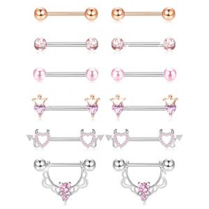 Kakonia 6 Paires Piercing Téton Mamelon pour Femmes en Acier Inoxydable 316L Coeur Papillon Lune CZ Fleur Barbell de Téton Ensemble Mignon Piercing Mamelon Bijoux (Kakonia, neuf)