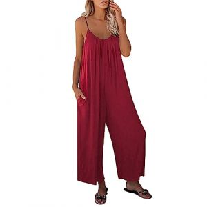 Combinaison Jambe Large Femme Fluide Salopette ete Sans Manches Décontractée Jumpsuit avec Poche Combinaison Pantalon Mode Combinaison D'été pour Femme Pantalon à Bretelles Élégant (NiceYear, neuf)