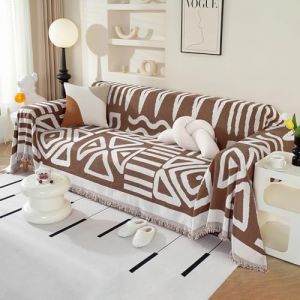 Royhom Housse de Canapé d'angle, Housse Canapé 2/3 Places, Marron Couvre Canape Chenille, Protege Canape Angle avec Glands Décoratifs, Anti-Rides, Boho Marron, 180x300 cm (Royhom Europe, neuf)