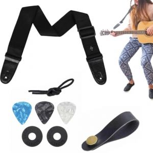 LACHT Noir Sangle De Guitare, Coton Tiss&eacute;e Sangle Guitare, Avec 3 M&eacute;diators, 2 Verrous De Sangle En Caoutchouc Et Adaptateur De Poup&eacute;e &Agrave; Boucle, Pour Guitares Acoustique, Guitares &Eacute;lectrique, Basse. (candy27seven, neuf)