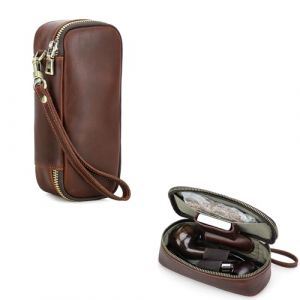 Hiram - &Eacute;tui &agrave; cigares en cuir v&eacute;ritable avec humidificateur portable multifonctionnel pour voyage - Bo&icirc;te &agrave; cigares avec poche de rangement pour tabac et pipe pour hommes, For 2 Pipes, Vintage (Hiram Fashion, neuf)